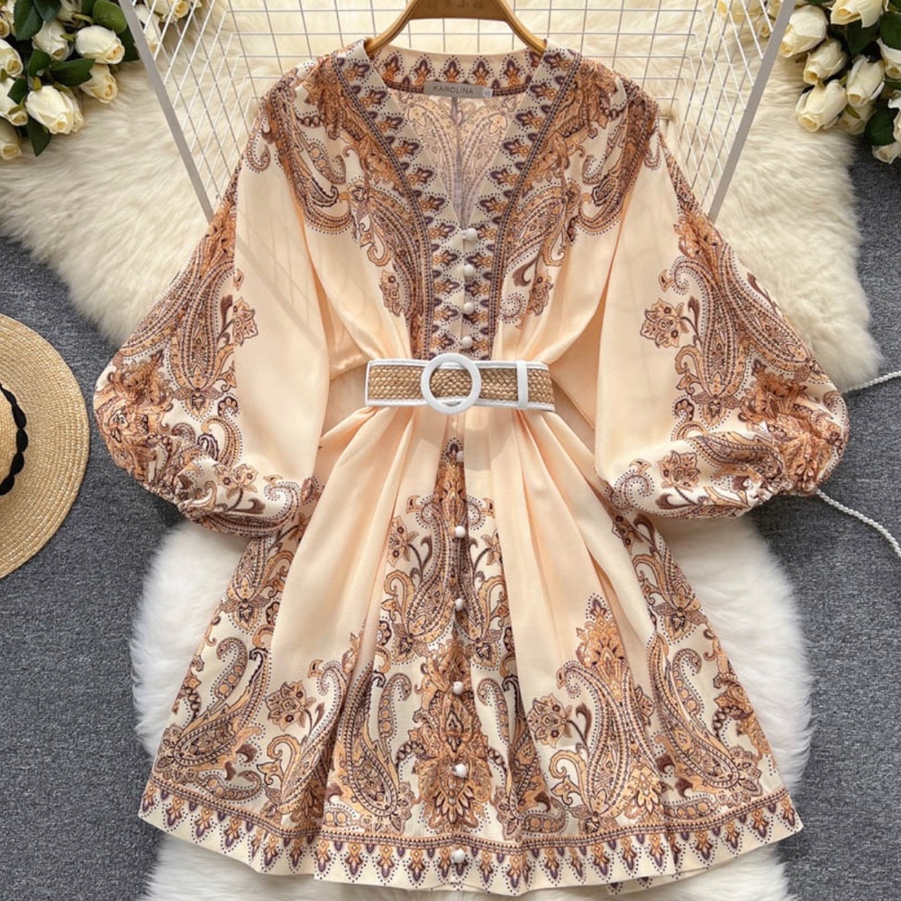 Paisley Print Vintage Dress
V Neck Long Lantern Sleeve Belted Mini Dress,